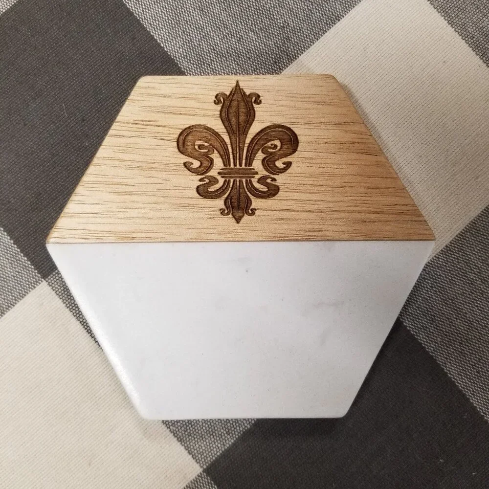 Fleur de Lis Acacia Wood/Marble Coaster Set of 4 pieces: White or Black